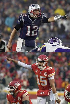 Spot the difference: Brady directs teammates at the line of scrimmage and, below, Mahomes calls a play at the line of scrimmage.