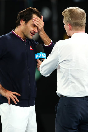 Jim Courier interviews Roger Federer at the Australian Open.