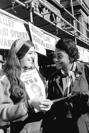 Indigenous activist Faith Bandler outside a voting location for the 1967 referendum.