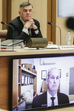 Department of Health secretary Brendan Murphy and Aged Care Minister Richard Colbeck appearing at a Senate select committee hearing in Canberra this week.