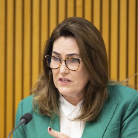Senator Deborah O’Neill during a Senate estimates hearing at Parliament House in Canberra. 