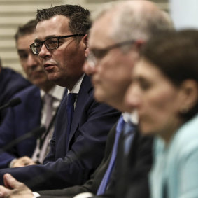Daniel Andrews at a COAG meeting in Sydney with Prime Minister Scott Morrison and NSW Premier Glady Berejiklian in March.