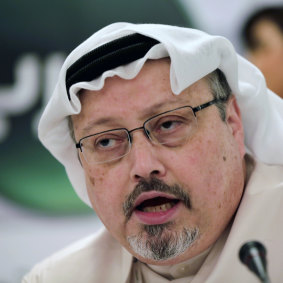 Jamal Khashoggi speaks during a press conference in Manama, Bahrain, in 2014.