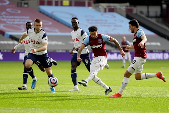 West Ham’s Jesse Lingard scores his side’s second goal against Tottenham at the London Stadium on Sunday.