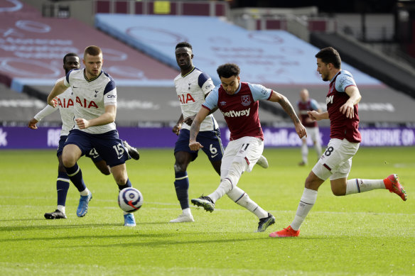 West Ham’s Jesse Lingard scores his side’s second goal against Tottenham at the London Stadium on Sunday.