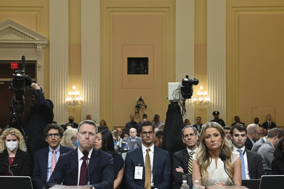 Former deputy national security adviser Matt Pottinger, left, and former deputy press secretary Sarah Matthews, right, during the hearings.