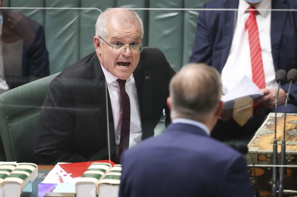 Prime Minister Scott Morrison and Opposition Leader Anthony Albanese during question time on Tuesday.