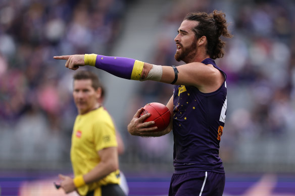 Fremantle Dockers captain Alex Pearce during Saturday’s match against the Demons. 