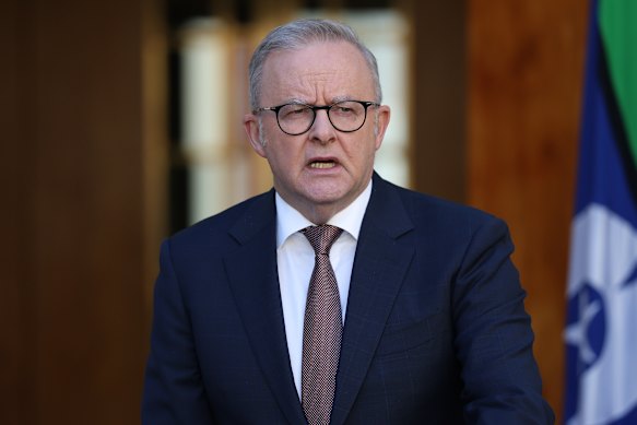 Prime Minister Anthony Albanese during a press conference at Parliament House on Tuesday.
