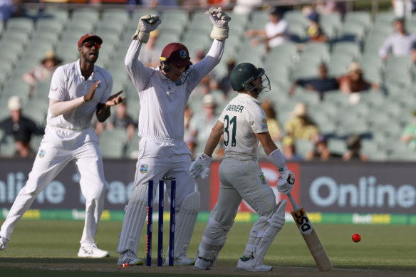 David Warner is bowled by Roston Chase.