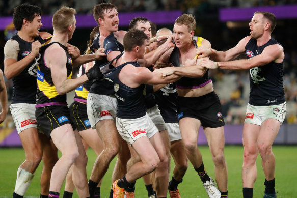 Richmond’s Tom Lynch at the centre of the melee at the final change.