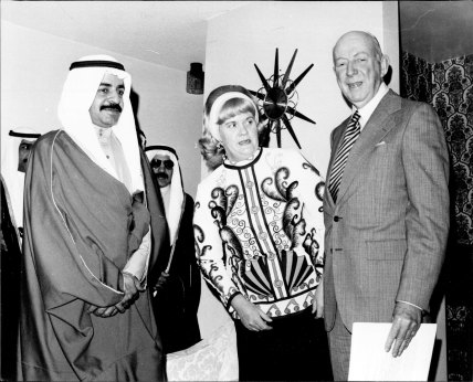Sheikh Khalifa bin Salman Al-Khalifa visits the Housing Commission buildings at Waterloo, London with  Mr JM Bourke and Mrs K Jarvie in 1976.