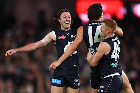 Carlton’s Ollie Hollands celebrates a goal against Fremantle.