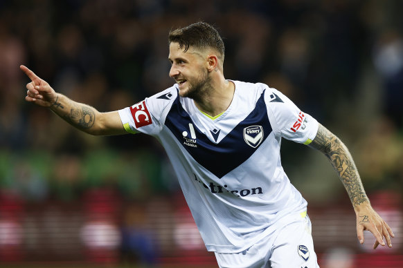 Jake Brimmer celebrates his match-winning goal at AAMI Park. 