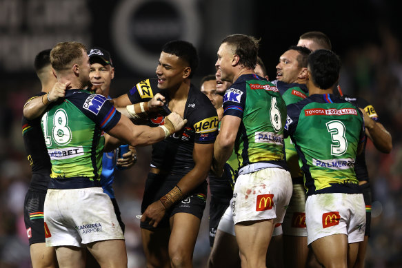 Tensions boil over after the full-time siren at BlueBet Stadium in round seven.