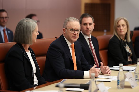 Prime Minister Anthony Albanese and Treasurer Jim Chalmers at the opening of the Economic Reform Roundtable at Parliament House on Tuesday.