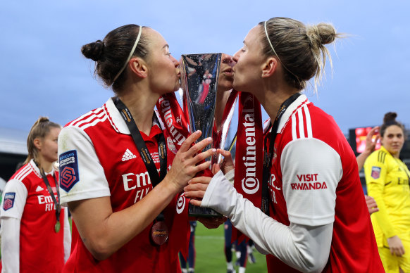 Australian teammates Caitlin Foord and Catley celebrate winning the FA Women’s League Cup with Arsenal in March.