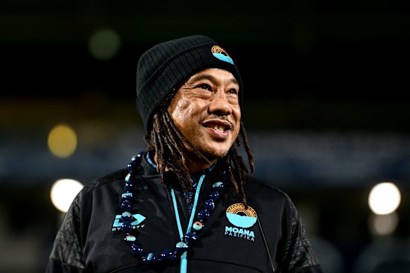 Moana Pasifika coach Tana Umaga looks on during the round 14 Super Rugby Pacific match between Moana Pasifika and Blues.