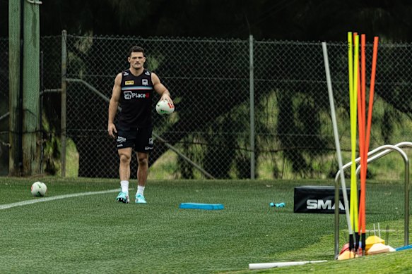 Sight for sore eyes: Nathan Cleary ditched the moon boot for football boots on Tuesday.
