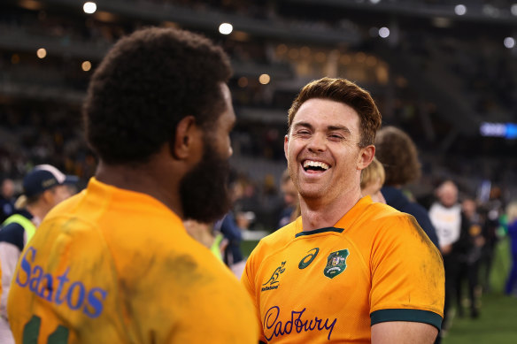 Winners are grinners: Andrew Kellaway jokes with Marika Koroibete.