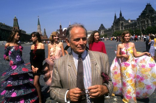 Fashion designer Pierre Cardin and his models at the Red Square in Moscow, Russia, in 1989. 