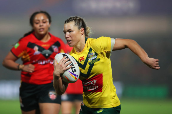 Emma Tonegato was one of two Jillaroos to bag hat-tricks in the 82-point rout of PNG.