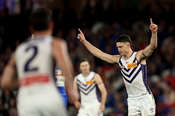 Patrick Voss celebrates a goal during the Dockers’ commanding win over the Western Bulldogs in the last game of the home and away season.