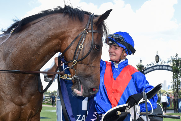 Jockey Jamie Kah with Zaaki after winning the All-star Mile.