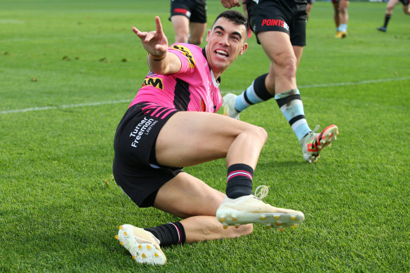 Debutant Panthers centre Charlie Staines celebrates one of his four tries on Saturday.