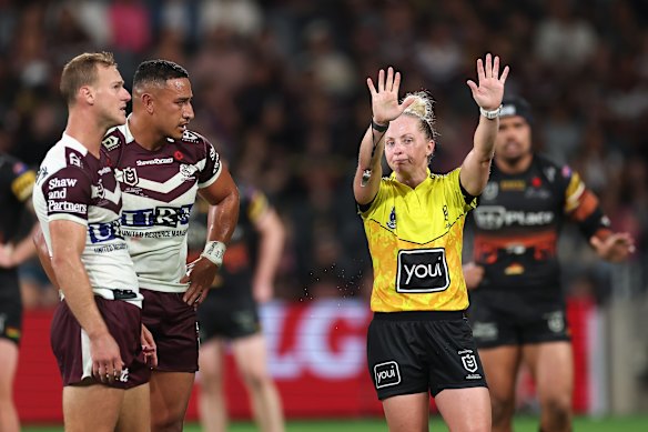 Manly’s Siosiua Taukeiaho is sent to the sin bin by Belinda Sharpe.