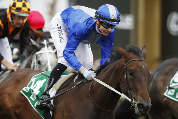 Jye McNeil rides Oceanex to victory during Stakes Day. 