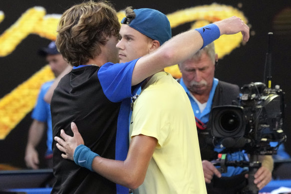 Andrey Rublev, left, and Holger Rune traded the lead over three-and-a-half hours but it was the Russian who triumphed in a super-tiebreak.