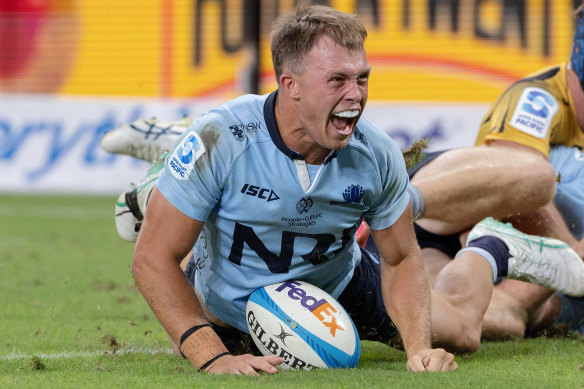 NSW’s Darby Lancaster celebrates a try against the Force.