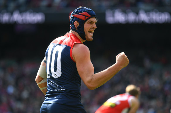 Angus Brayshaw celebrates a goal for the Demons.