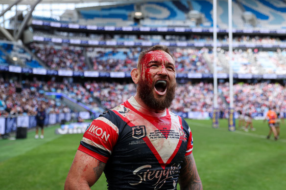 Jared Waerea-Hargreaves after suffering a head injury during his 300th Roosters game against St George Illawarra.