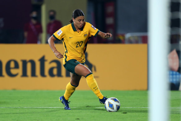 Sam Kerr in action during the AFC Women’s Asian Cup Group B match against Thailand.  