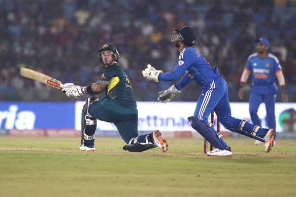 Ben McDermott in action for Australia against India at Shaheed Veer Narayan Singh International Stadium.