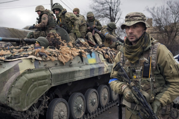 A Ukrainian vehicle, outside Kyiv, on April 2. 