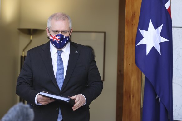 Prime Minister Scott Morrison arriving at today’s press conference at Parliament House. 