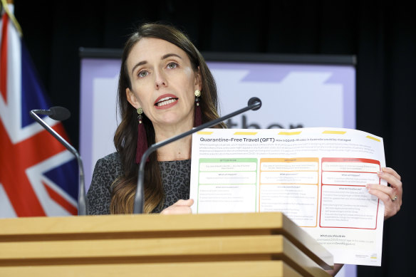 New Zealand Prime Minister Jacinda Ardern holding up the traffic light guide to the trans-Tasman bubble on Tuesday.