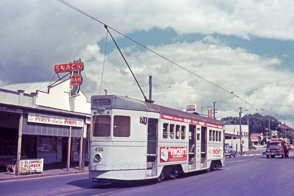 A long-gone Brisbane tram making its way along Sandgate Road, Clayfield, in 1969.