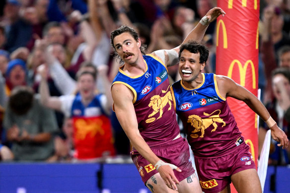 Joe Daniher celebrates after kicking one of his five goals.