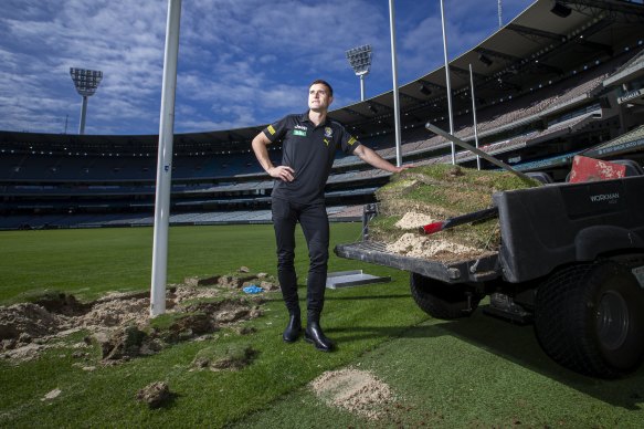 Richmond dual premiership player Jayden Short at the MCG as the ground is prepared for this Thursday night’s season opener with Carlton. 