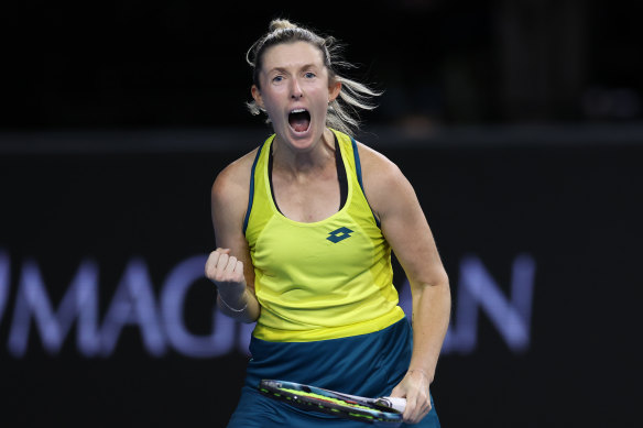 Storm Hunter (nee Sanders) celebrates winning a point in Scotland against during the final of the Billie Jean King Cup