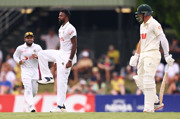 Ebadot Hossain of Bangladesh celebrates after taking the wicket of Marnus Labuschagne.