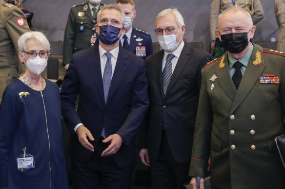 From left, US Deputy Secretary of State Wendy Sherman, NATO Secretary General Jens Stoltenberg, Russia’s Deputy Foreign Minister Alexander Grushko, and Russia’s Deputy Defence Minister Alexander Fomin before the NATO-Russia Council meeting in Brussels. 