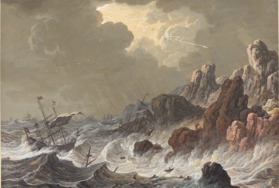<i>Storm-Tossed Ships Wrecked on a Rocky Coast</i> by Johann Christoph Dietzsch (1710-1769).