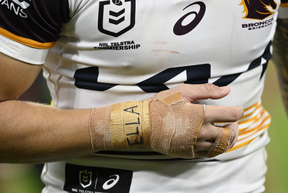 Reece Walsh’s heavily strapped hand during the Broncos’ round 23 clash with the North Queensland Cowboys.