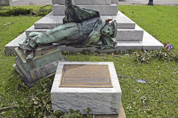A confederate statue was toppled in front of the courthouse in Lake Charles.