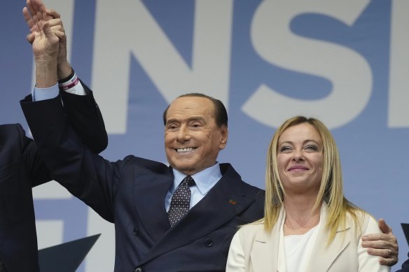 Forza Italia’s Silvio Berlusconi and incoming prime minister Giorgia Meloni at an election rally in September 2022.